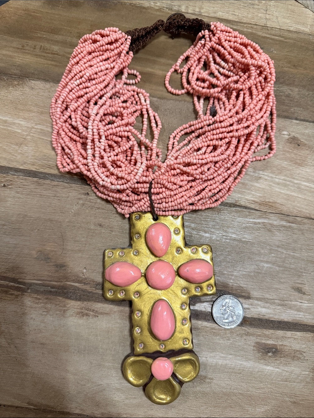 Sookie Sookie brand Coral Bead Multi-Strand Necklace with Gold Cross Pendant